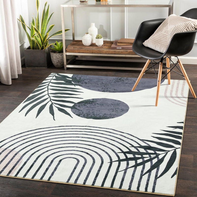 RoomTalks Mid Century Modern Living Room Rug Washable 5x7 Rug, Black Boho Cute Aesthetic Area Rugs Carpet for Bedroom Dining Room Office, Vintage Abstract Leaves Thin Indoor Entryway Carpet - Image 1