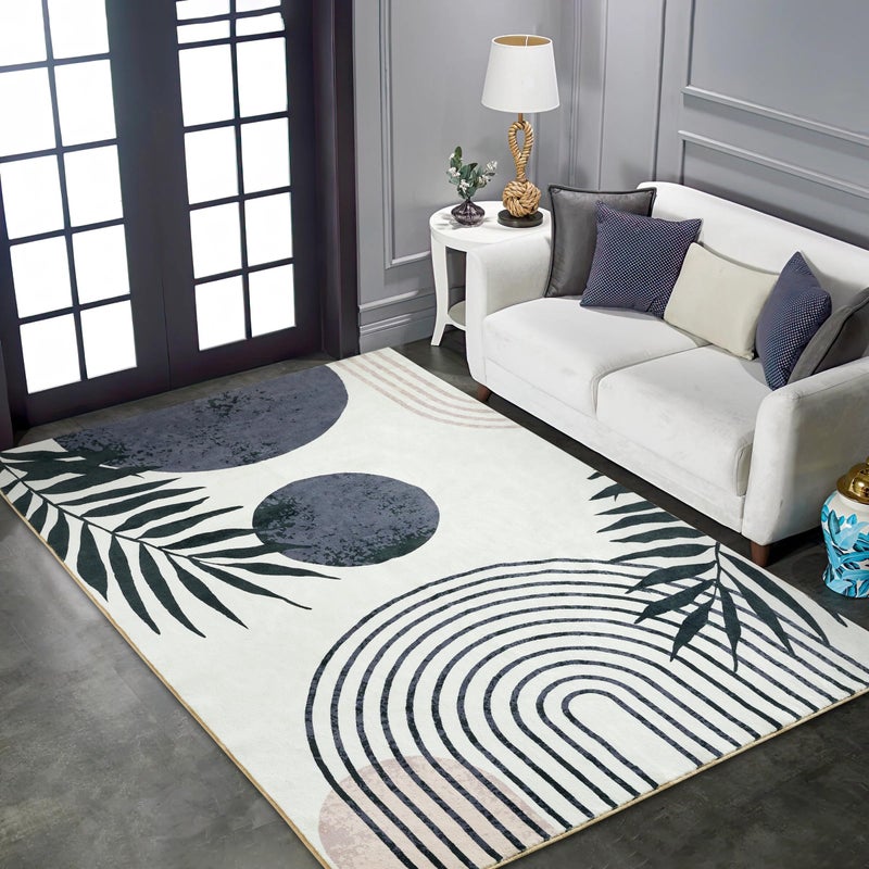 RoomTalks Mid Century Modern Living Room Rug Washable 5x7 Rug, Black Boho Cute Aesthetic Area Rugs Carpet for Bedroom Dining Room Office, Vintage Abstract Leaves Thin Indoor Entryway Carpet - Image 2