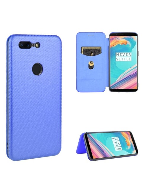 Case Cover For For OnePlus 5T Carbon Fiber Texture Horizontal Flip TPU + PC + PU Leather Case with Card Slot(Blue)