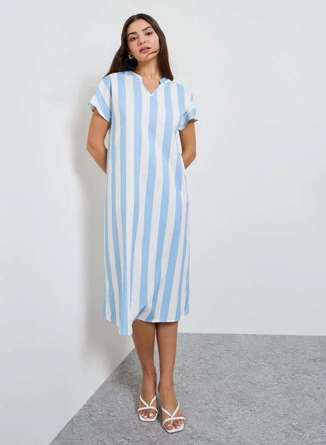 تايك تو Blue Striped Shift Midi Dress