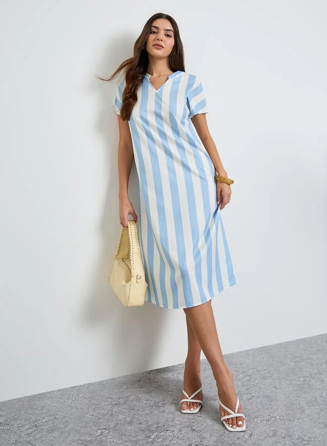 تايك تو Blue Striped Shift Midi Dress