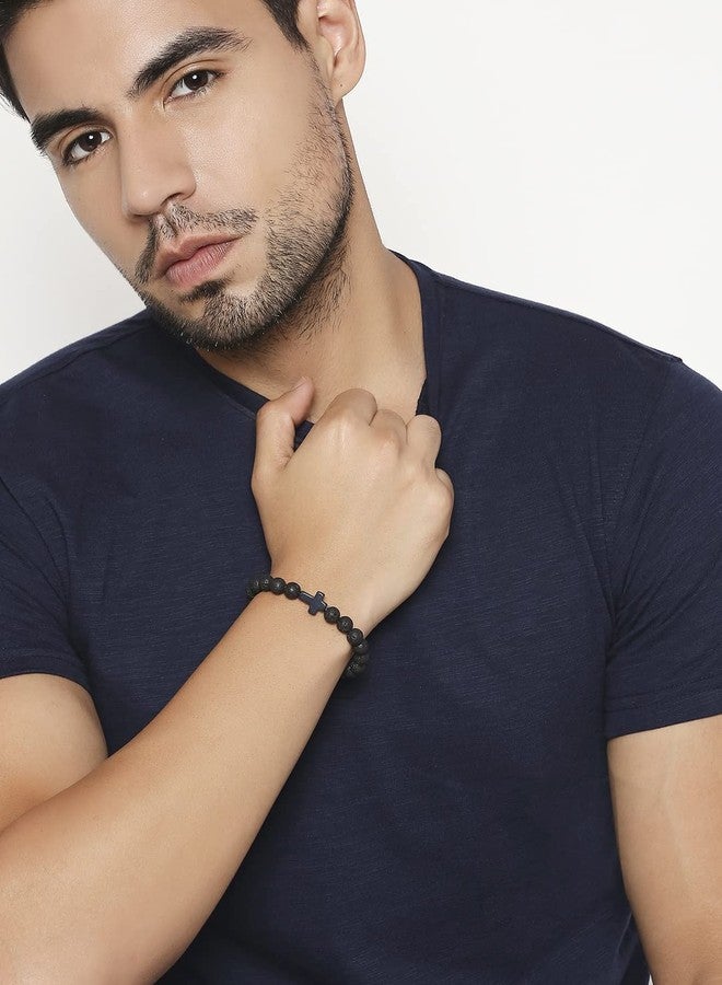 fabula by OOMPH Jewellery Black Beads Handmade Bracelet with Cross for Men & Boys (BOIS6R4) - Image 2