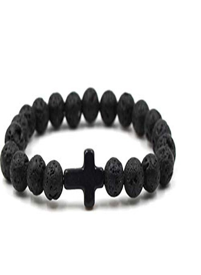 fabula by OOMPH Jewellery Black Beads Handmade Bracelet with Cross for Men & Boys (BOIS6R4) - Image 1