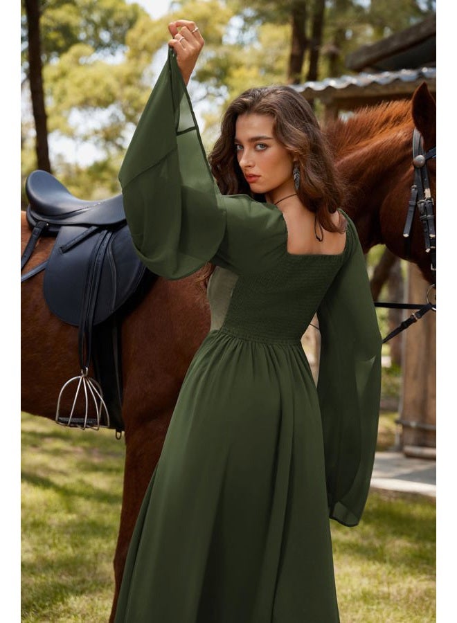 Scarlet Darkness Renaissance Costume Women Lace Up Split Bell Sleeve Medieval Dress, Olive Green, XXL - Image 5