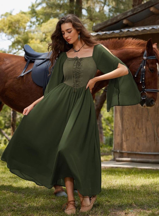 Scarlet Darkness Renaissance Costume Women Lace Up Split Bell Sleeve Medieval Dress, Olive Green, XXL - Image 2