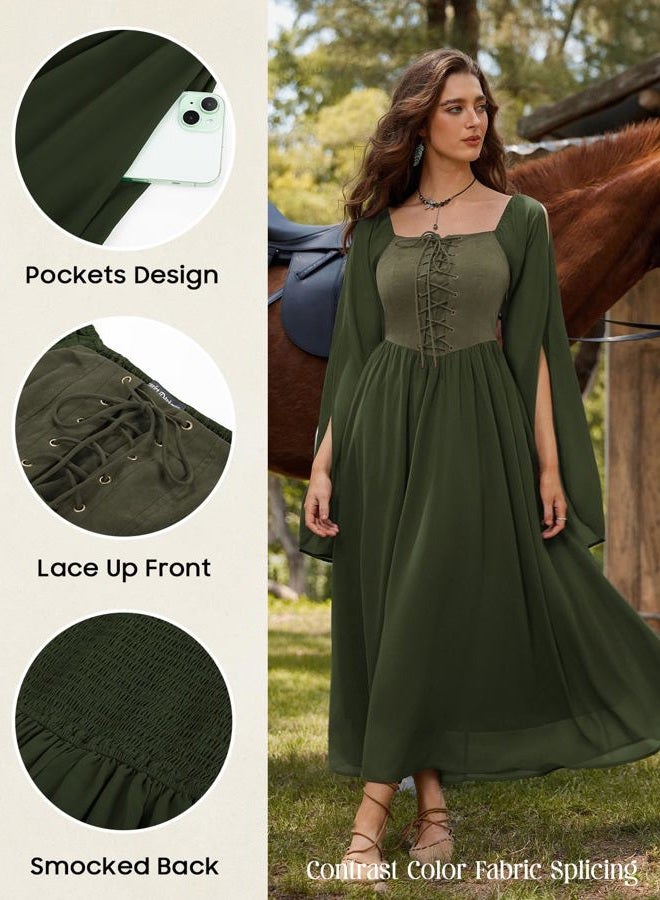 Scarlet Darkness Renaissance Costume Women Lace Up Split Bell Sleeve Medieval Dress, Olive Green, XXL - Image 4