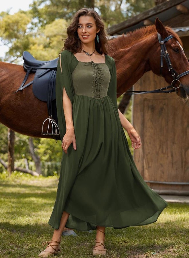 Scarlet Darkness Renaissance Costume Women Lace Up Split Bell Sleeve Medieval Dress, Olive Green, XXL - Image 3
