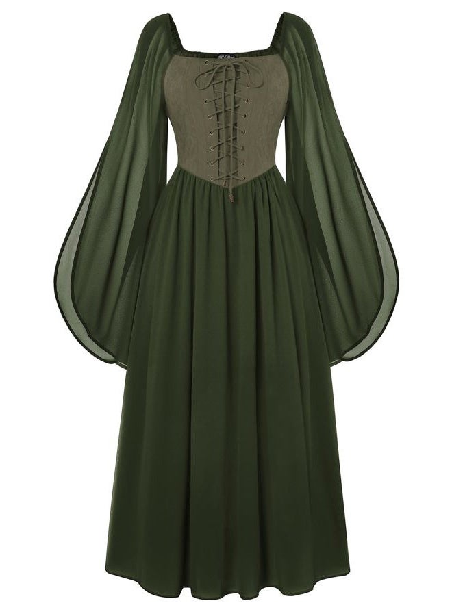 Scarlet Darkness Renaissance Costume Women Lace Up Split Bell Sleeve Medieval Dress, Olive Green, XXL - Image 1