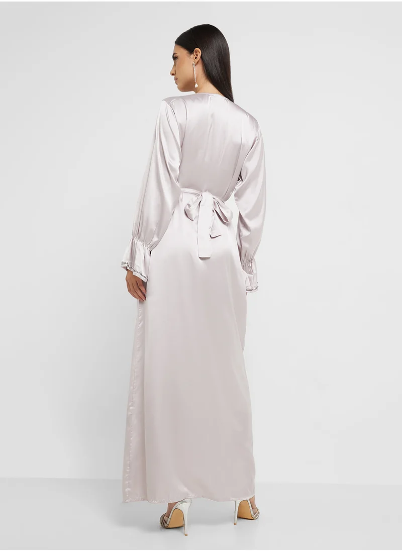 hayas closet Ruched Sleeve Embellished Dress