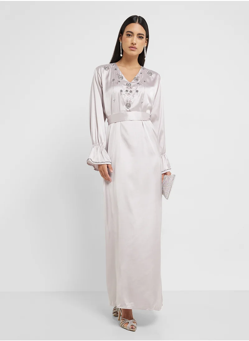 hayas closet Ruched Sleeve Embellished Dress