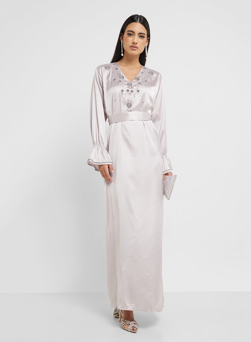 hayas closet Ruched Sleeve Embellished Dress - Image 1