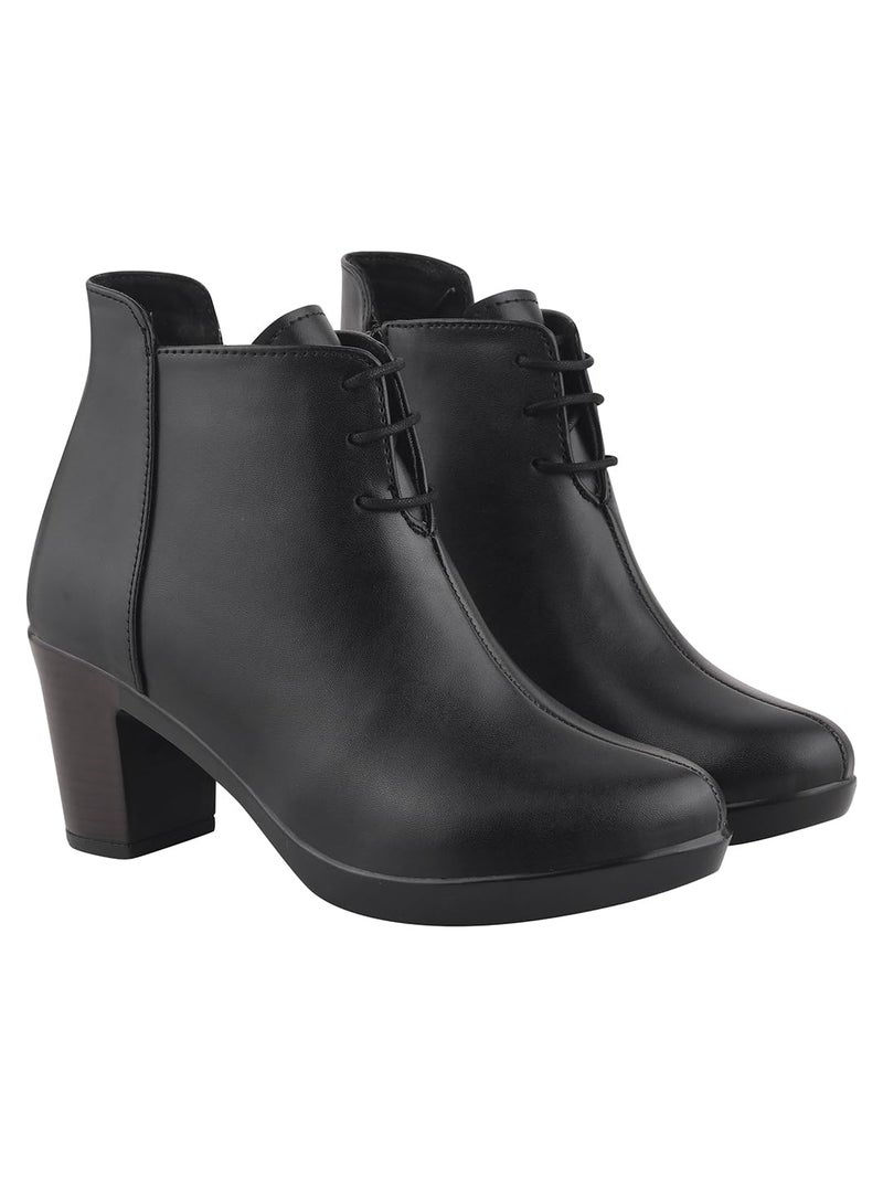 Shoetopia Women's Black Leather Ankle Booties with Block Heel and Lace-Up Closure – Stylish Mid-Heel Dress Boots for Office & Casual EU41 - Image 1