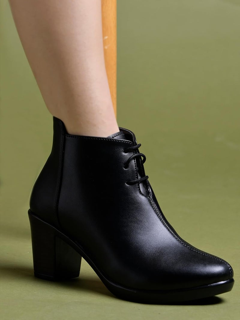 Shoetopia Women's Black Leather Ankle Booties with Block Heel and Lace-Up Closure – Stylish Mid-Heel Dress Boots for Office & Casual EU41 - Image 3