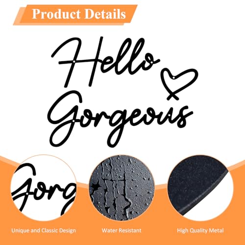 ESTART Hello Gorgeous Metal Wall Art Decor Minimalist Metal Words Hello Gorgeous Sign Farmhouse Decor for Home Bathroom Vanity or Makeup Room Living Room Bedroom Office Hotel Wall Decoration (Black) - Image 4