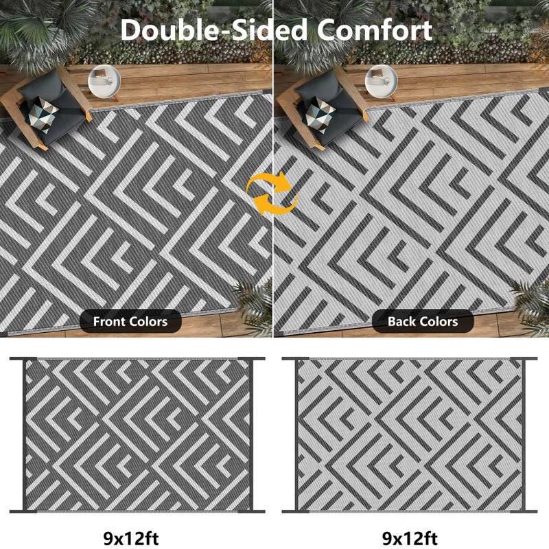 Kohree Outdoor Rug 9x12 Reversible, Waterproof Outdoor Plastic Straw Rug RV Patio Mat, Non-Slip Easy-Cleaning RV Outdoor Mat Carpet for Deck, Patio, Camping, Balcony, Deck, Backyard (Grey & White) - Image 2