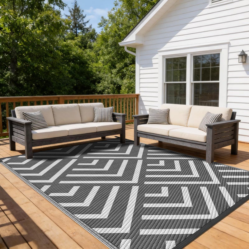 Kohree Outdoor Rug 9x12 Reversible, Waterproof Outdoor Plastic Straw Rug RV Patio Mat, Non-Slip Easy-Cleaning RV Outdoor Mat Carpet for Deck, Patio, Camping, Balcony, Deck, Backyard (Grey & White) - Image 1