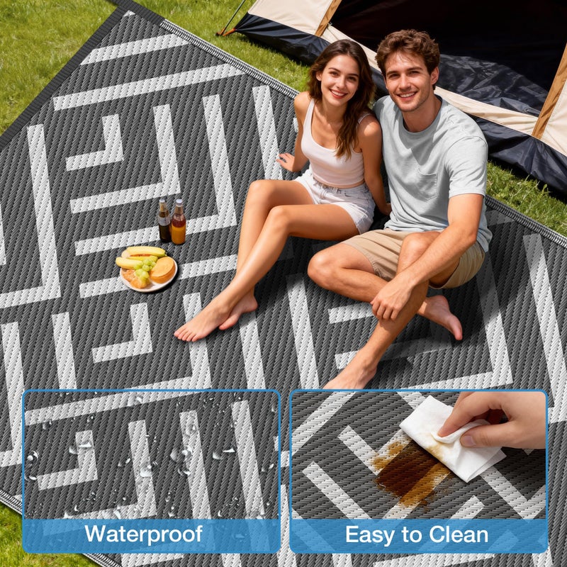 Kohree Outdoor Rug 9x12 Reversible, Waterproof Outdoor Plastic Straw Rug RV Patio Mat, Non-Slip Easy-Cleaning RV Outdoor Mat Carpet for Deck, Patio, Camping, Balcony, Deck, Backyard (Grey & White) - Image 3