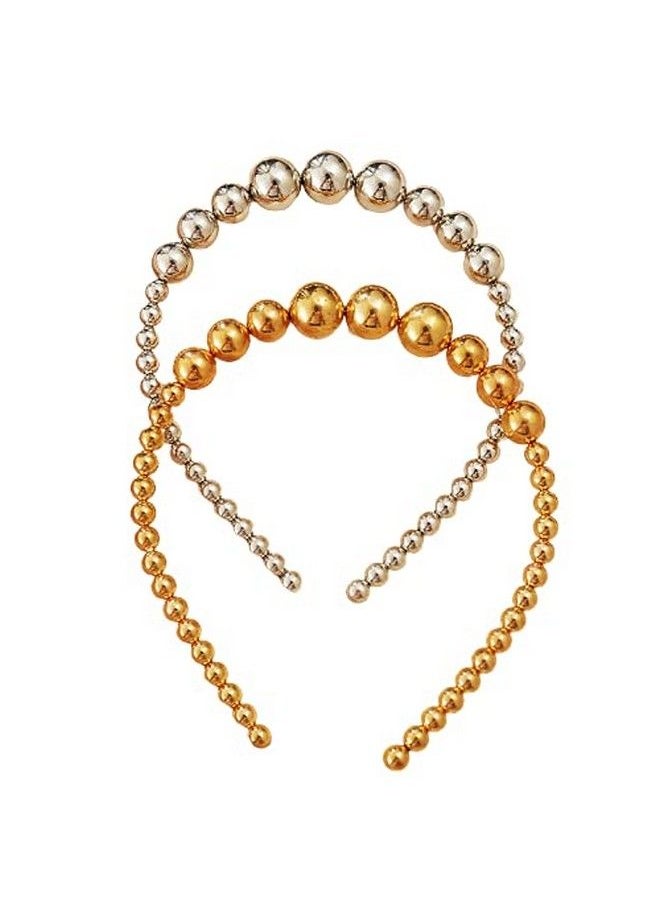 El Regalo - 2 Pcs Pearls Bridal Headband Set ; Fancy Metallic Golden & Silver Beads Pearls Hairbands For Girls/Teens & Women Girls Bridal Party Hair Accessories - Image 1