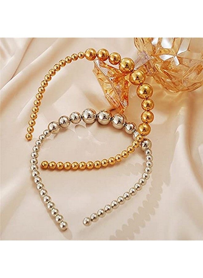 El Regalo - 2 Pcs Pearls Bridal Headband Set ; Fancy Metallic Golden & Silver Beads Pearls Hairbands For Girls/Teens & Women Girls Bridal Party Hair Accessories - Image 1