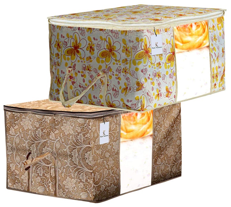 Kuber Industries Metalic Printed 2 Piece Non Woven Fabric Underbed Storage BagCloth OrganiserBlanket Cover with Transparent Window Beige Ivory Red CTKTC41057 - Image 1