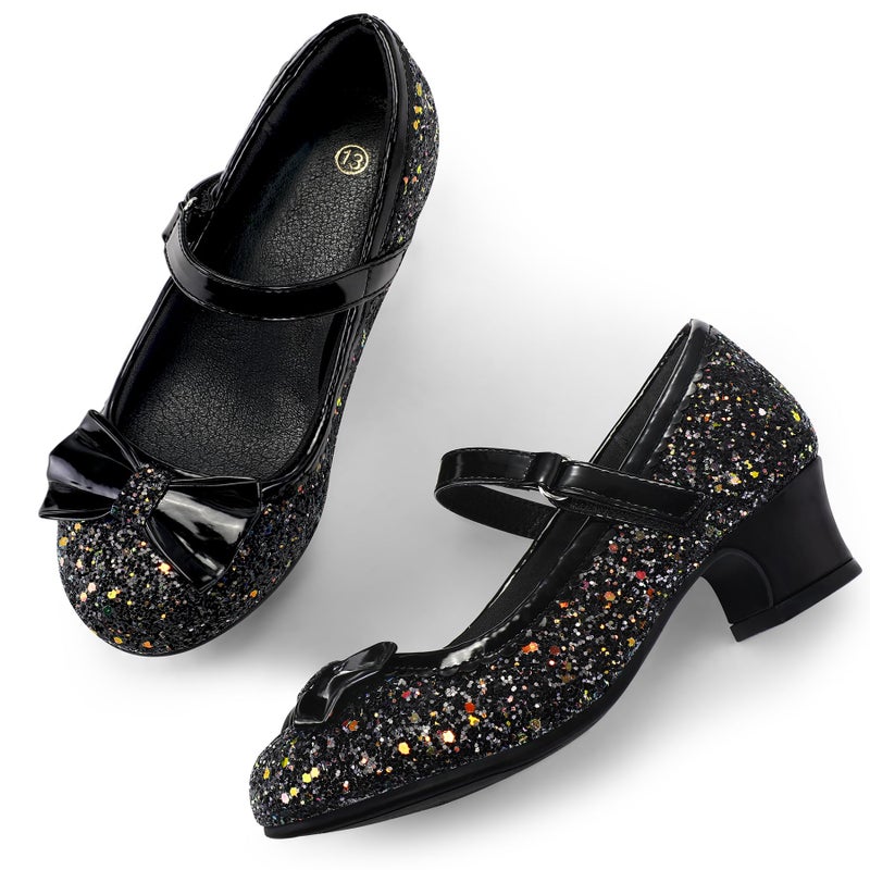 K KomForme Girl's Dress Shoes Mary Jane Glitter 1.5 in Low Heel Wedding Party Princess Shoes for Toddler/Little/Big Kids Black - Image 3