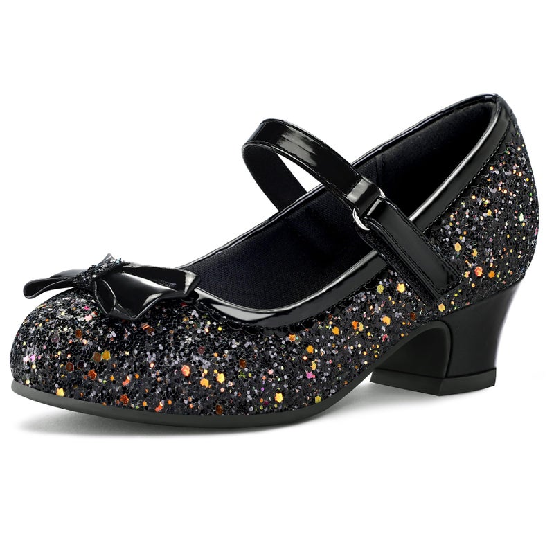 K KomForme Girl's Dress Shoes Mary Jane Glitter 1.5 in Low Heel Wedding Party Princess Shoes for Toddler/Little/Big Kids Black - Image 1