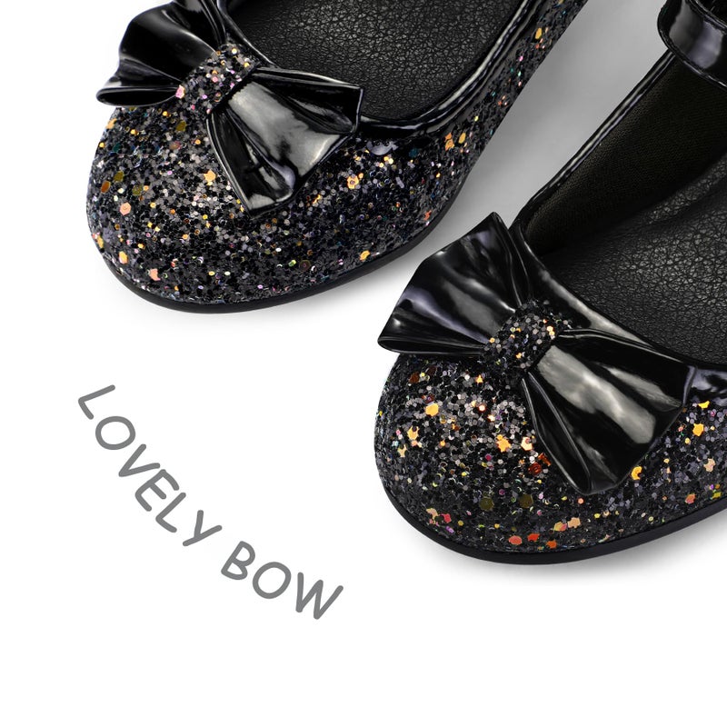 K KomForme Girl's Dress Shoes Mary Jane Glitter 1.5 in Low Heel Wedding Party Princess Shoes for Toddler/Little/Big Kids Black - Image 4