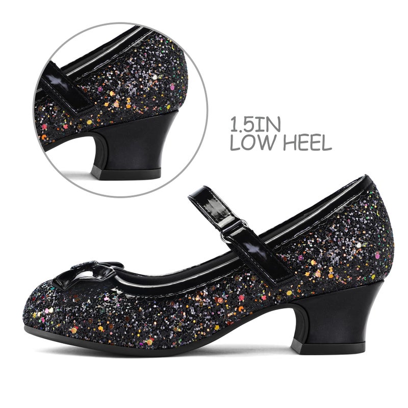 K KomForme Girl's Dress Shoes Mary Jane Glitter 1.5 in Low Heel Wedding Party Princess Shoes for Toddler/Little/Big Kids Black - Image 5
