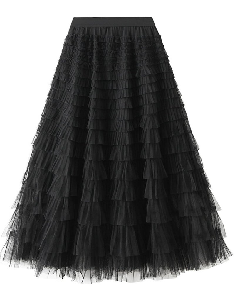 Flygo Women's Long Maxi Tulle Skirts A Line Ruffle High Waisted Tiered Layered Mesh Tutu Skirt Petticoat(Black-L) - Image 5