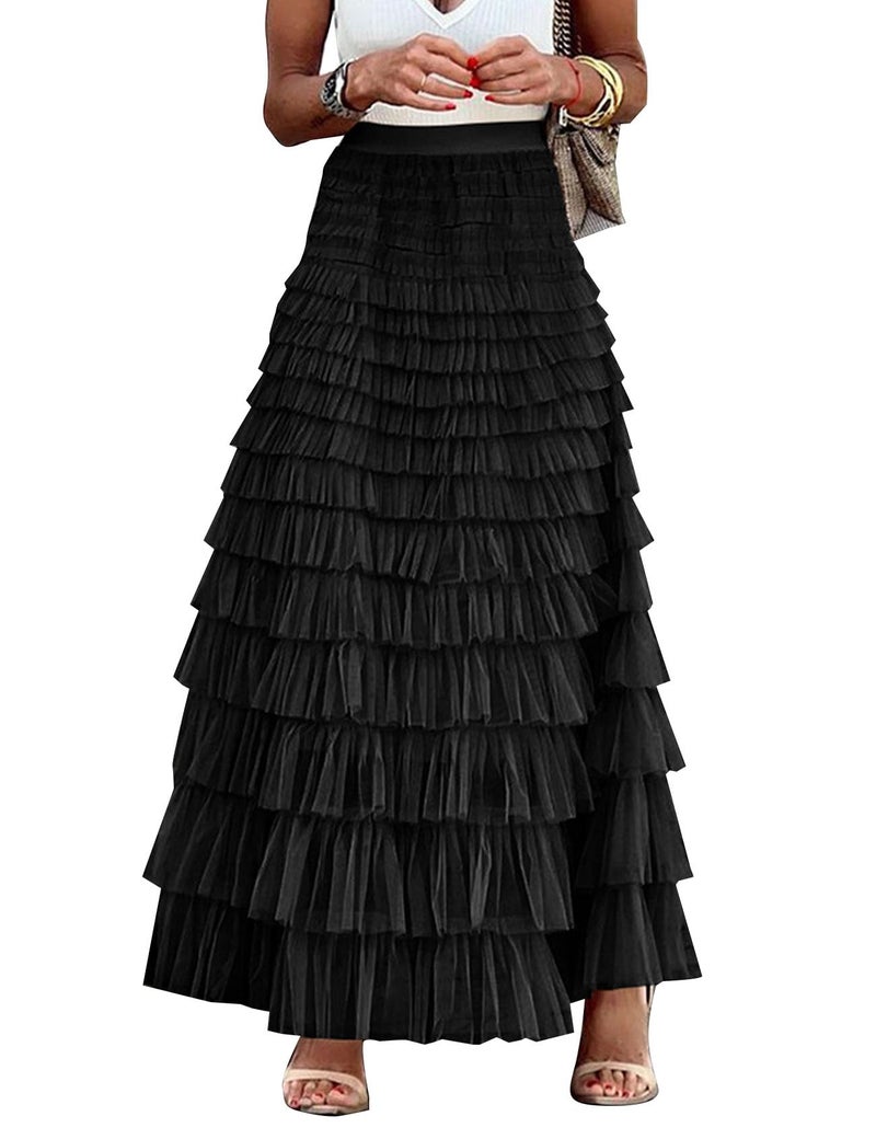 Flygo Women's Long Maxi Tulle Skirts A Line Ruffle High Waisted Tiered Layered Mesh Tutu Skirt Petticoat(Black-L) - Image 1