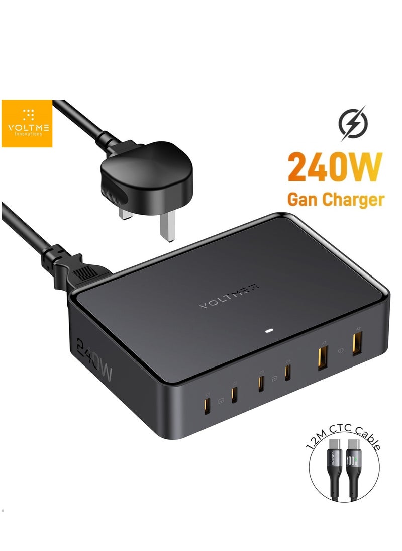 VOLTME - 240W 6-Port USB-C Charger GaN PD140W Fast Charging Station Hub with 1.5 Meter AC Cable, USB-C & USB-A Wall Plug Power Adapter for MacBook Pro/Air, Dell, Steam Deck, iPhone 16/15/14/13, Samsung Galaxy S24/S23, Pixel, Android Devices, Type-C Laptops, Tablets, and More – Multiport Fast Charging (Black) - Image 1