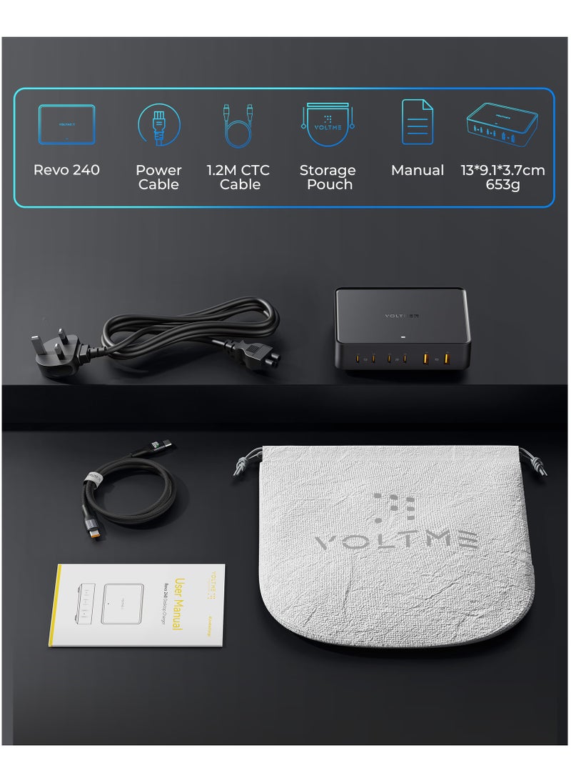VOLTME - 240W 6-Port USB-C Charger GaN PD140W Fast Charging Station Hub with 1.5 Meter AC Cable, USB-C & USB-A Wall Plug Power Adapter for MacBook Pro/Air, Dell, Steam Deck, iPhone 16/15/14/13, Samsung Galaxy S24/S23, Pixel, Android Devices, Type-C Laptops, Tablets, and More – Multiport Fast Charging (Black) - Image 1