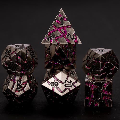 Maywin Cracked Rune Metal Dice Set for DND RPG Dark Fantasy Fractured Design Premium Heavy Metal Polyhedral Dice with Deep Engraved Numbers 7Piece Set Red Infernal Vein - Image 1