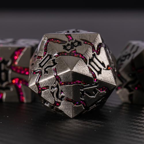 Maywin Cracked Rune Metal Dice Set for DND RPG Dark Fantasy Fractured Design Premium Heavy Metal Polyhedral Dice with Deep Engraved Numbers 7Piece Set Red Infernal Vein - Image 5