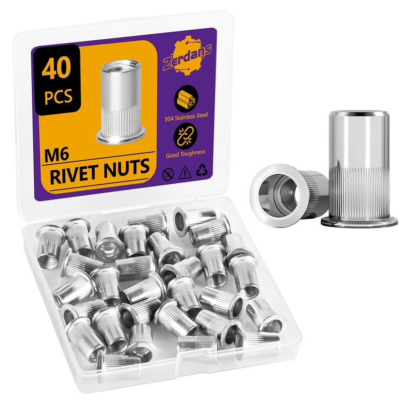 ZerDans M6 Rivet Nut, 40PCS Metric 304 Stainless Steel Rivets Flat Head Rivnut Threaded Insert Nuts Assortment for Furniture, Automotive and Industrial Applications (M6-1.0mm) - Image 1