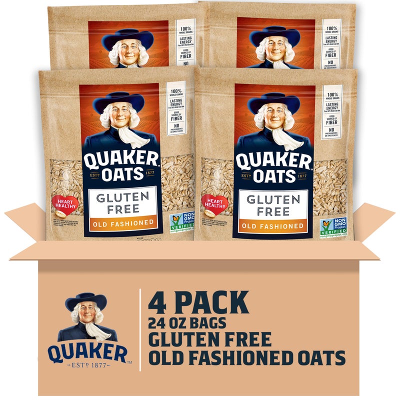 Quaker شوفان كويكر خالي من الجلوتين على الطريقة القديمة، معتمد من مشروع غير معدّل وراثيًا، 24 أونصة أكياس قابلة لإعادة الإغلاق (عبوة من 4) - Image 1