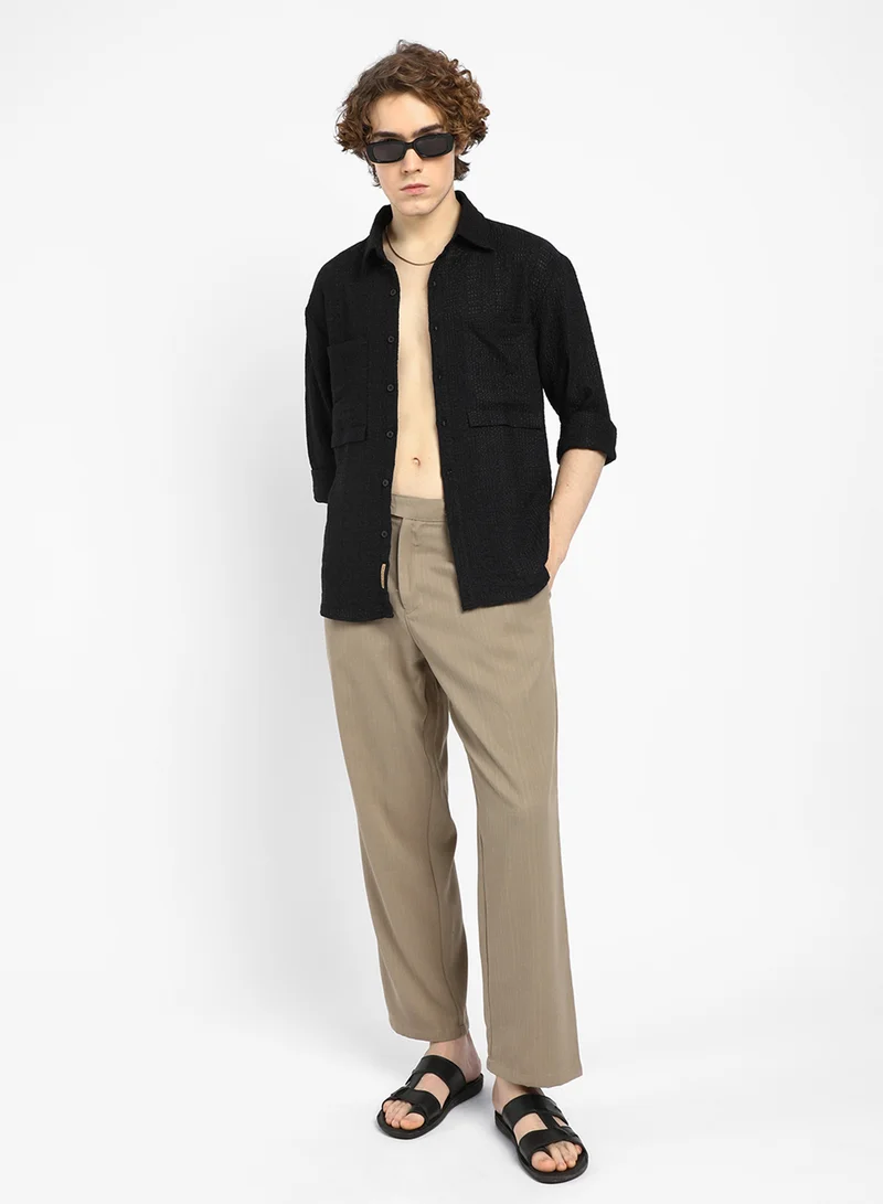 Campus Sutra Men's Midnight Black Straw-Tactile Utility Oversized Shirt