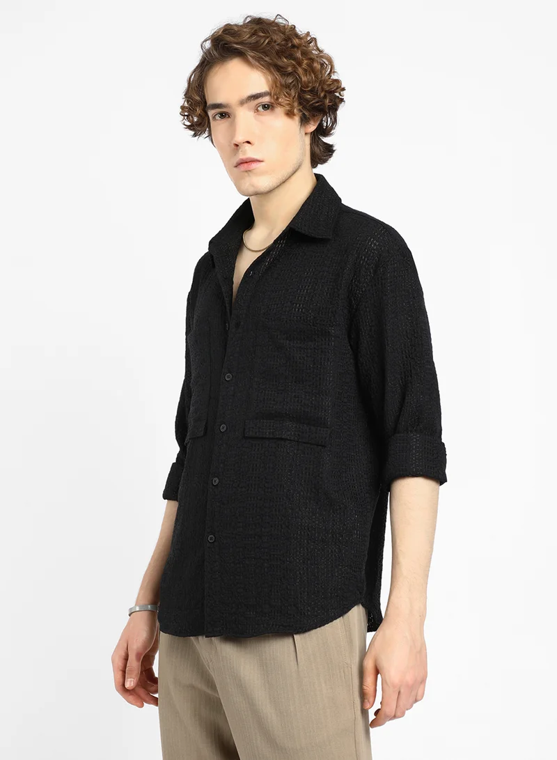 Campus Sutra Men's Midnight Black Straw-Tactile Utility Oversized Shirt