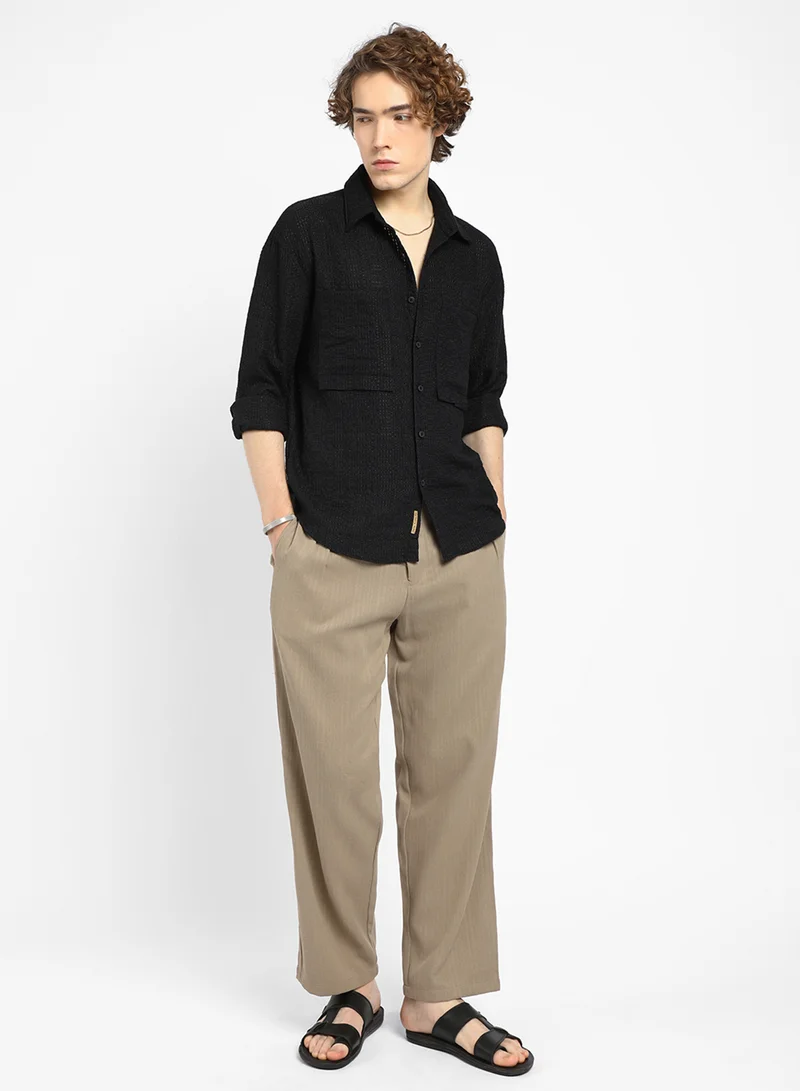 Campus Sutra Men's Midnight Black Straw-Tactile Utility Oversized Shirt