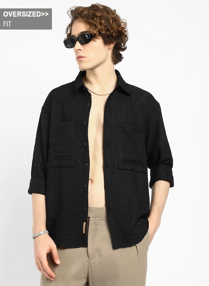 Campus Sutra Men's Midnight Black Straw-Tactile Utility Oversized Shirt