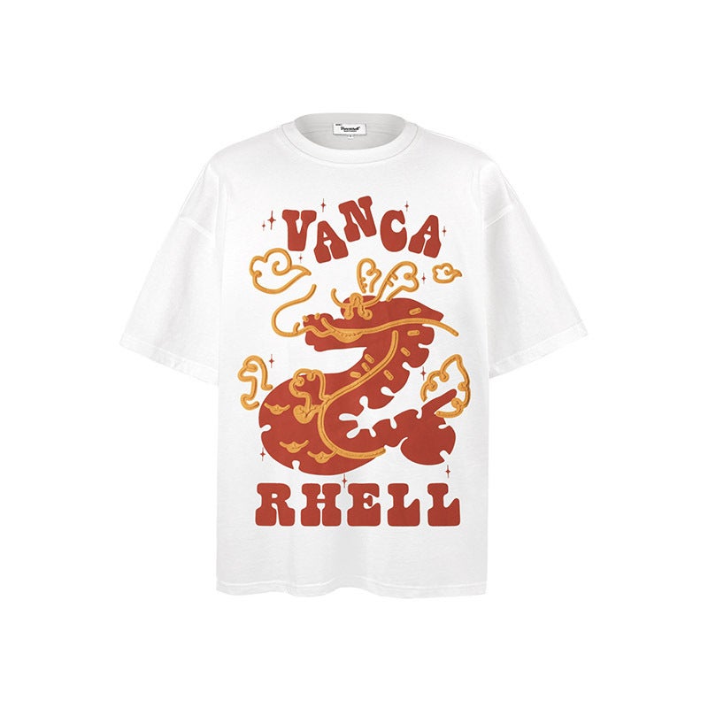 Year Of The Dragon American Style Trendy Crewneck Short-Sleeved T-Shirt Unisex Loose Oversize Shoulder Instagram Style All-Match Top - Image 3