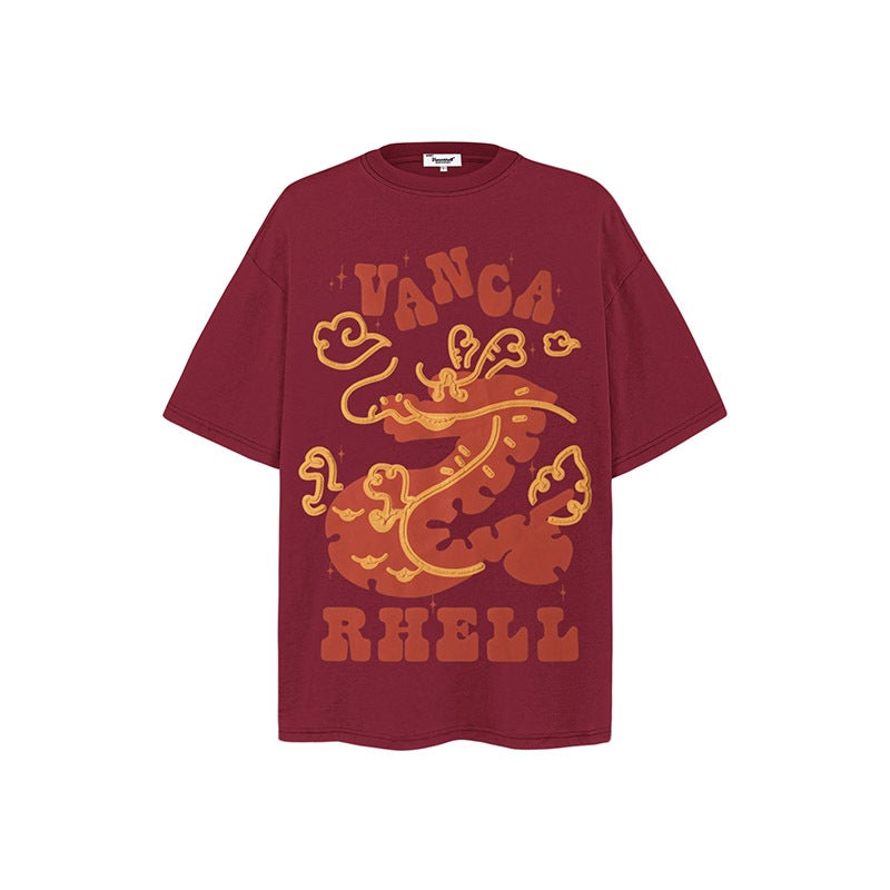 Year Of The Dragon American Style Trendy Crewneck Short-Sleeved T-Shirt Unisex Loose Oversize Shoulder Instagram Style All-Match Top - Image 2