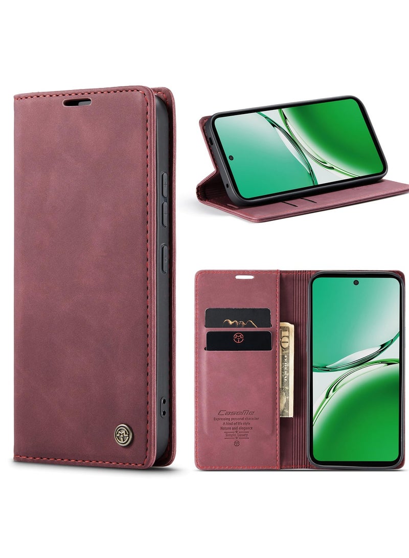 CaseMe Phone Case Luxury PU Leather Design 013 Flip Cover Card Slot Holder Cover For Oppo Reno 12F (Wine Red) - Image 1