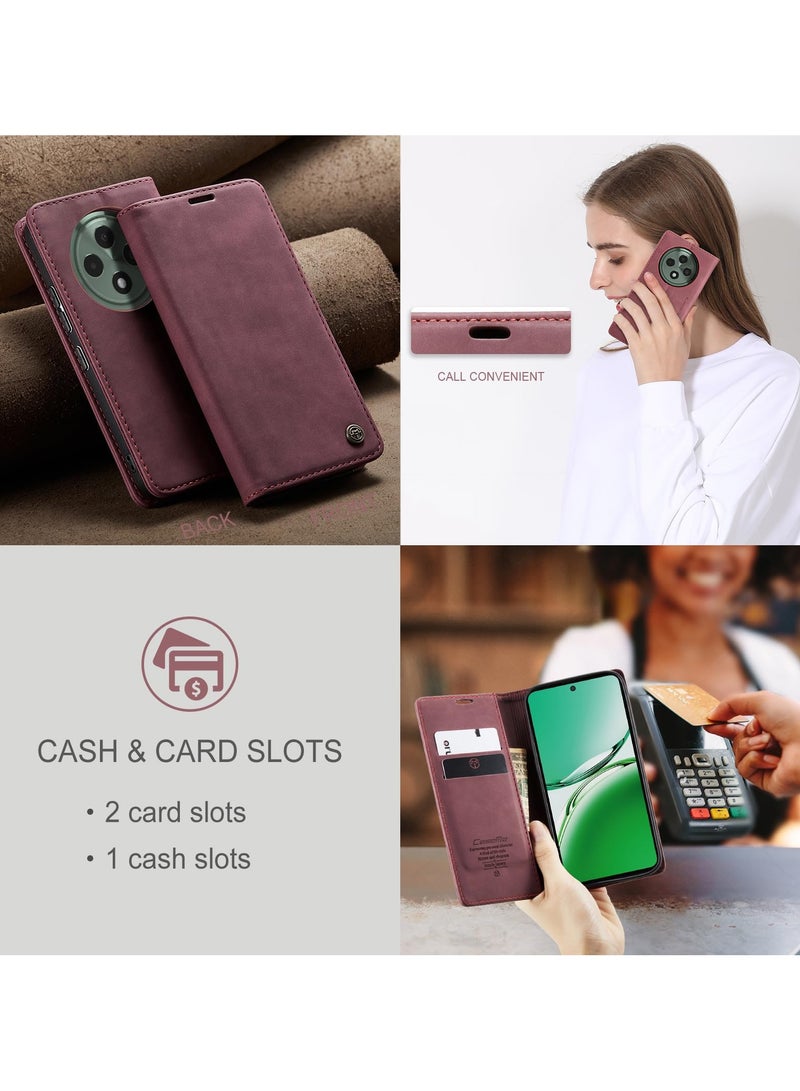 CaseMe Phone Case Luxury PU Leather Design 013 Flip Cover Card Slot Holder Cover For Oppo Reno 12F (Wine Red) - Image 2