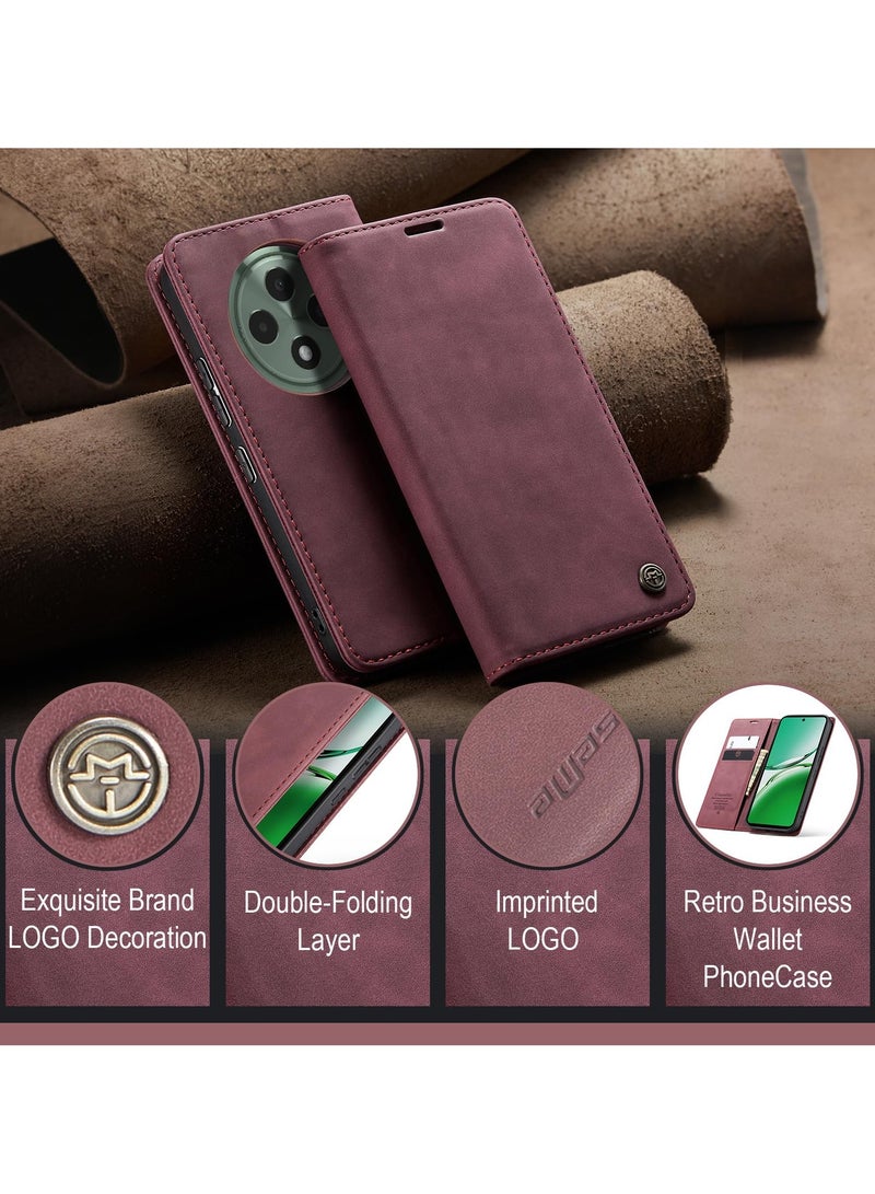 CaseMe Phone Case Luxury PU Leather Design 013 Flip Cover Card Slot Holder Cover For Oppo Reno 12F (Wine Red) - Image 4