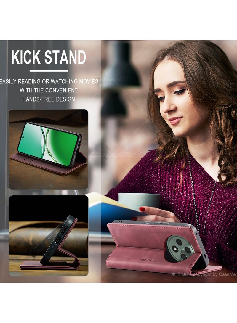 CaseMe Phone Case Luxury PU Leather Design 013 Flip Cover Card Slot Holder Cover For Oppo Reno 12F (Wine Red) - Image 3