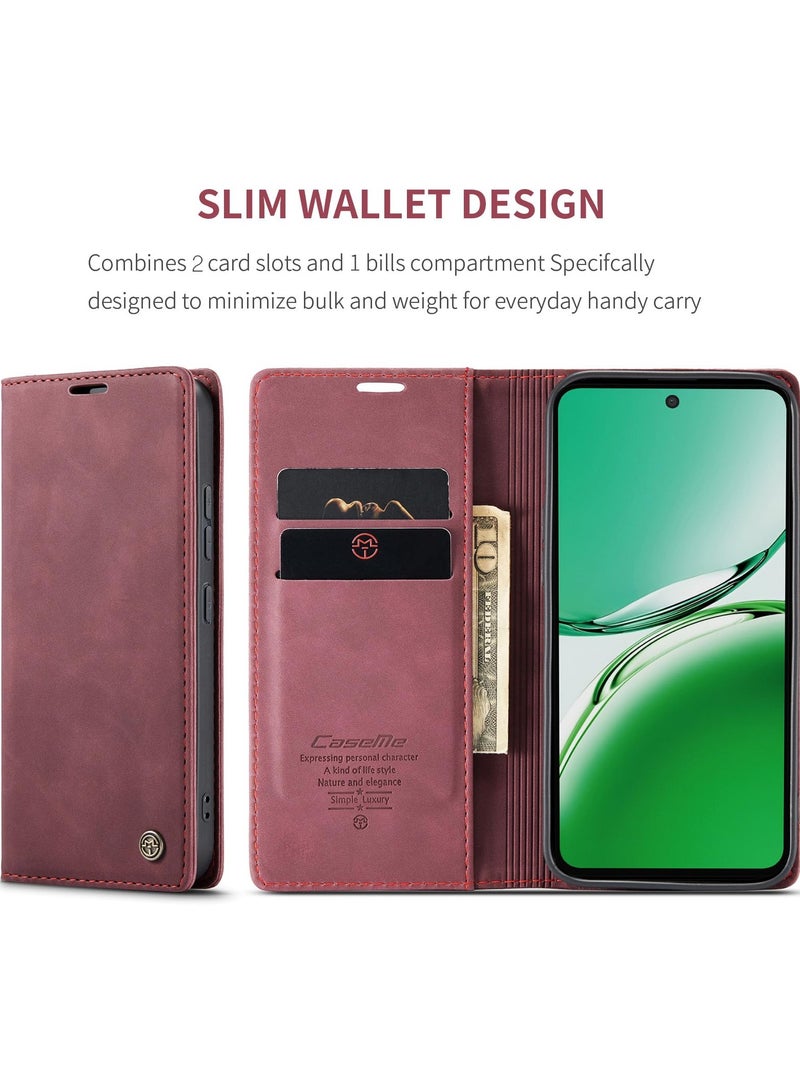 CaseMe Phone Case Luxury PU Leather Design 013 Flip Cover Card Slot Holder Cover For Oppo Reno 12F (Wine Red) - Image 5