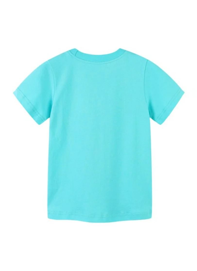 يونيكي Turquoise Blue Printed Solid Round Neck Cotton T-shirt