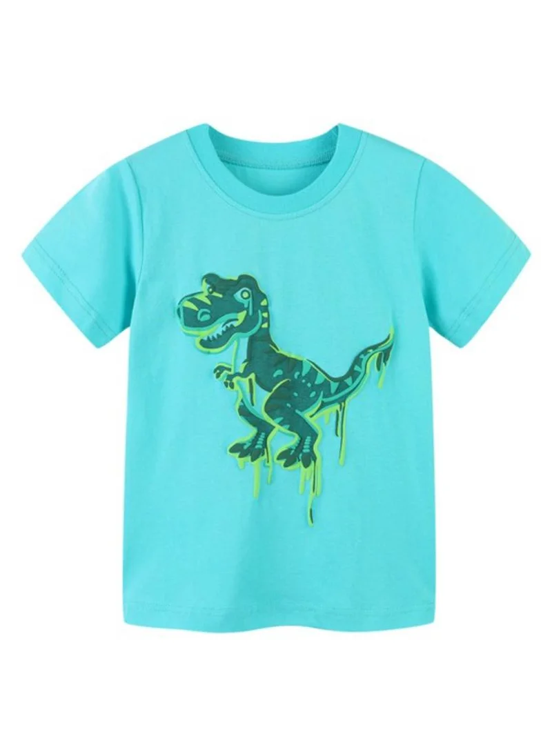 يونيكي Turquoise Blue Printed Solid Round Neck Cotton T-shirt