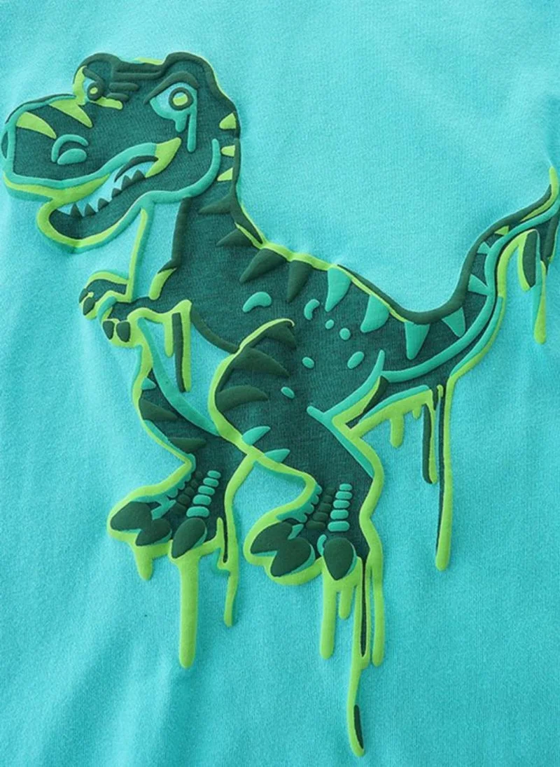 YUNIQEE Turquoise Blue Printed Solid Round Neck Cotton T-shirt